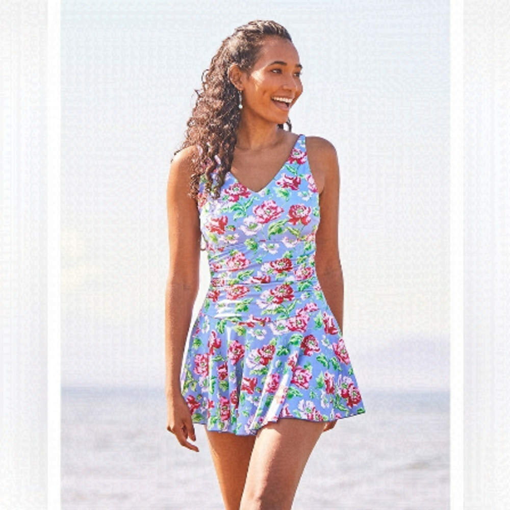 HOST PICK NWT April Cornell Mini Peony Skirted Swimsuit Swim Dress S Periwinkle